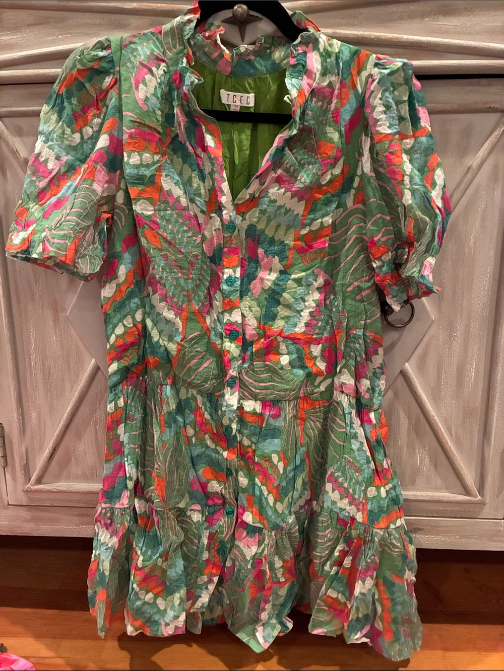 TCEC Green Multicolor Button-Front Ruffled Dress